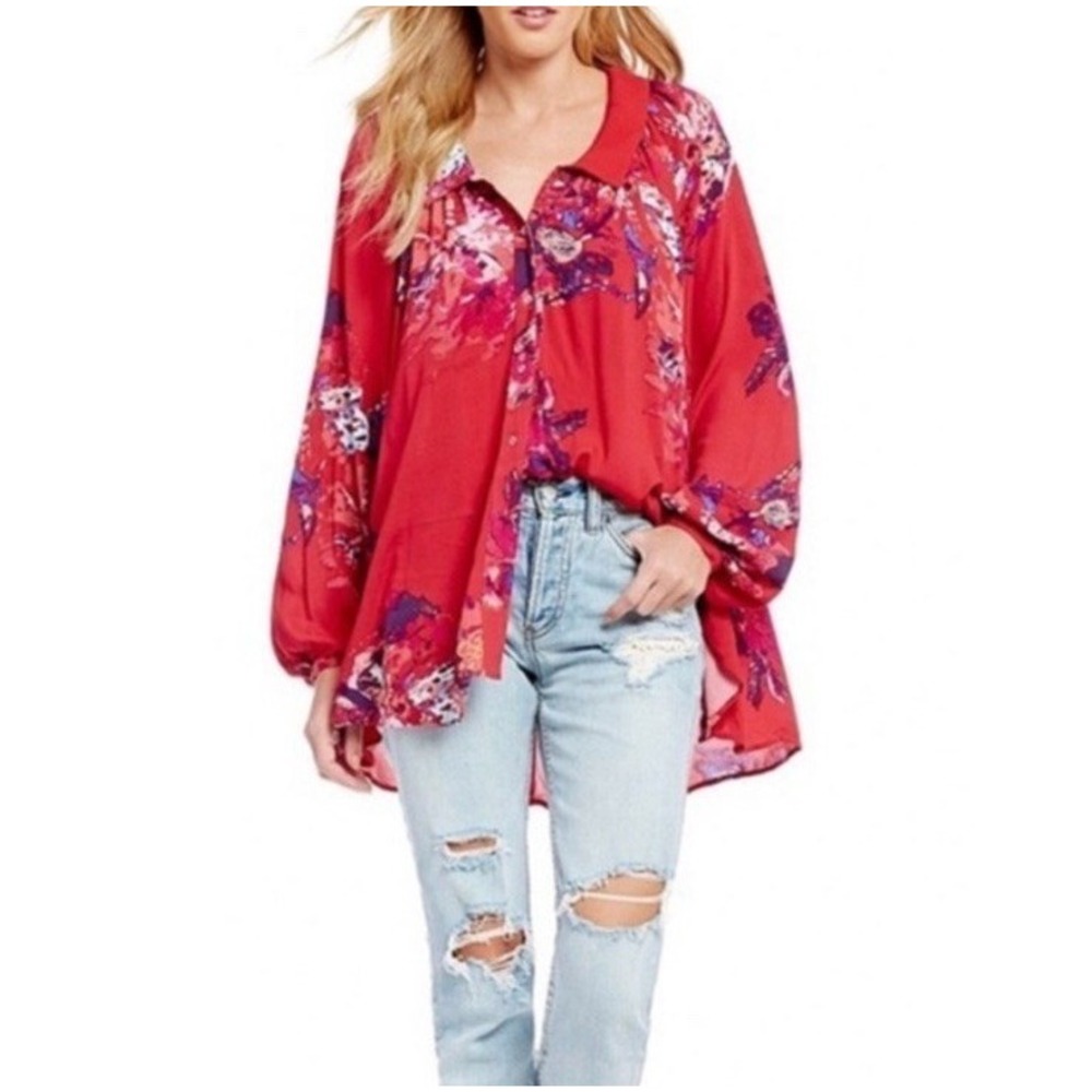 Free People Meadow Lark Top Red Purple Floral Button Front Oversized Size S Boho